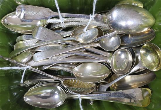 A set of six George III bright cut teaspoons, a similar set of plain spoons and a quantity of other silver tea, coffee and salt spoons,